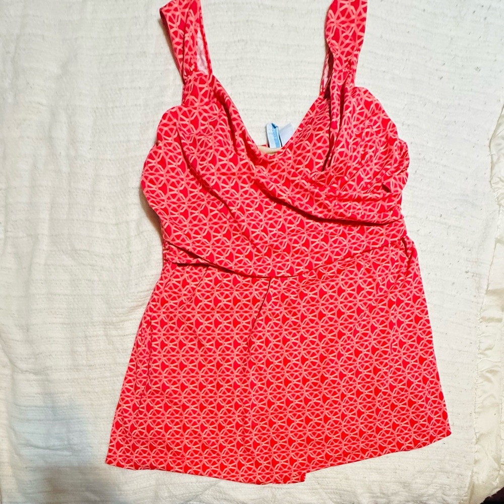 Resorts Plus Bright Coral Faux Wrap Swim Dress with Padded Bra - Plus Size